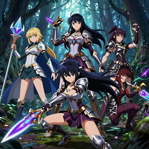Anime-style digital artwork of five female warriors with glowing swords in a dark, enchanted forest, each wearing detailed, armored outfits.