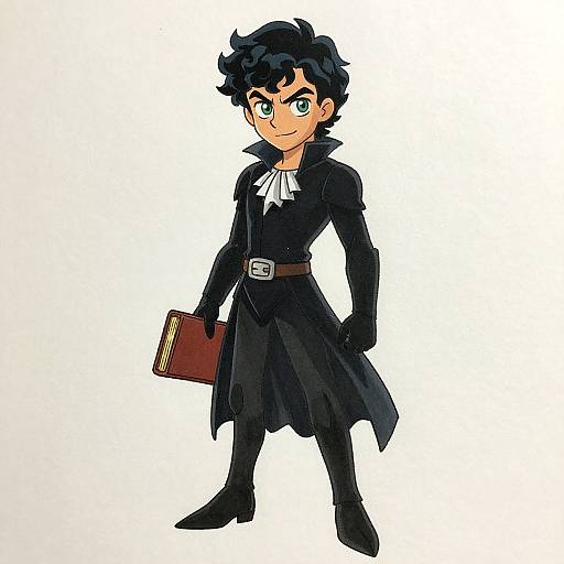 Digital anime-style drawing of a young man with black wavy hair, green eyes, and a confident smile, wearing a black coat, white crav