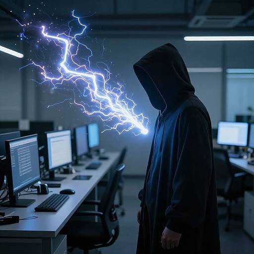Hooded Figure in Electric Office Glow
