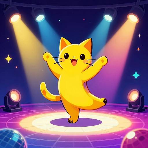 Digital illustration of a joyful, yellow cartoon cat dancing on stage under colorful spotlights with starry background and glowing stage lights.