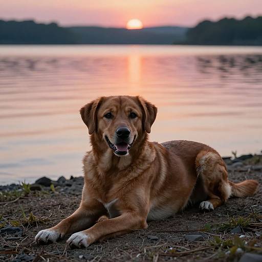 Calm Brown Dog by Sunset Lake