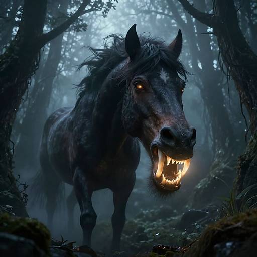 Mythical Fang-Toothed Horse in Enchanted Forest