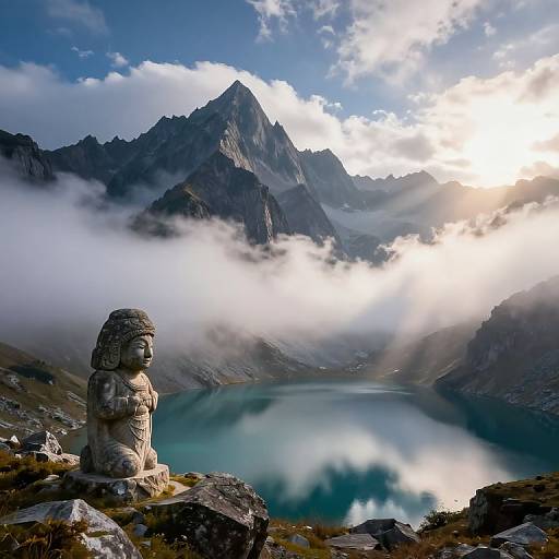 Photograph of a serene mountain landscape with a stone head statue in the foreground, mist-covered lake, and sunlit jagged peaks in the background.