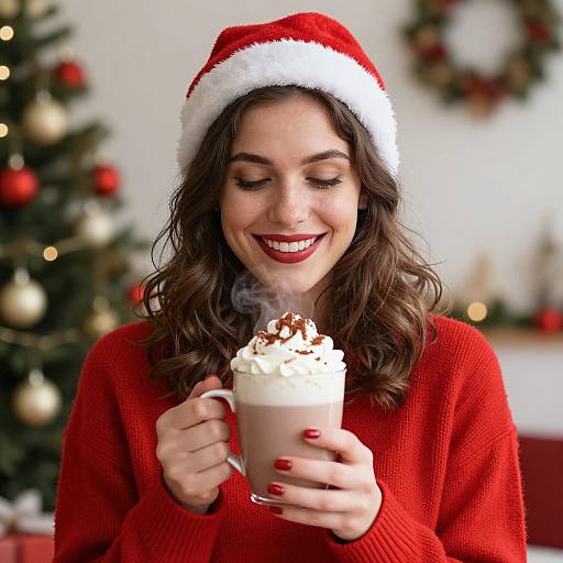 Photograph of a smiling woman with wavy brown hair, wearing a red Santa hat and red sweater, holding a steaming hot chocolate topped with whipped