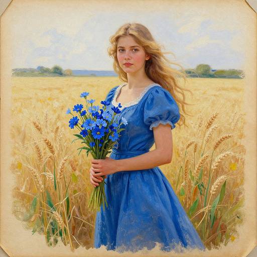 Digital painting of a young woman with long blonde hair, wearing a blue dress, holding a bouquet of blue flowers in a golden wheat field. Soft,