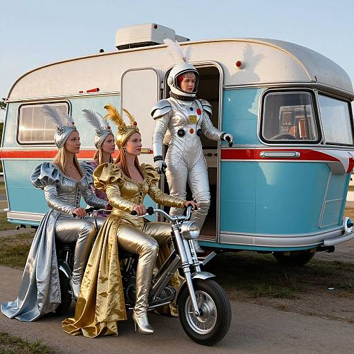 Photograph of four women in sci-fi costumes: two in silver space suits with helmets, one in gold with wings, one sitting on a motorcycle in