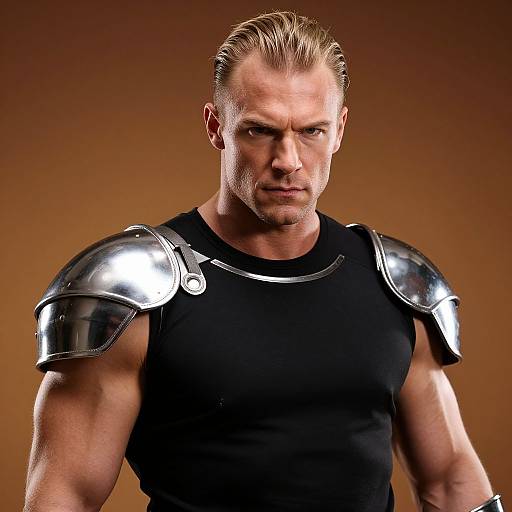 Photograph of a muscular, blonde-haired man with stern expression, wearing shiny silver shoulder armor over a black sleeveless top, against a brown gradient background