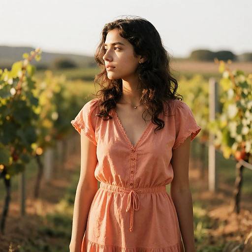 Thoughtful Woman in Coral Prairie Dress