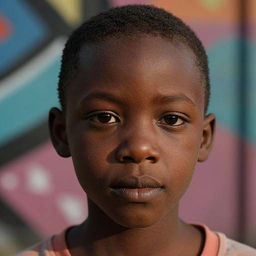 Photograph of a young African boy with short, curly hair, dark brown skin, and serious expression, wearing a pink shirt, against a colorful,