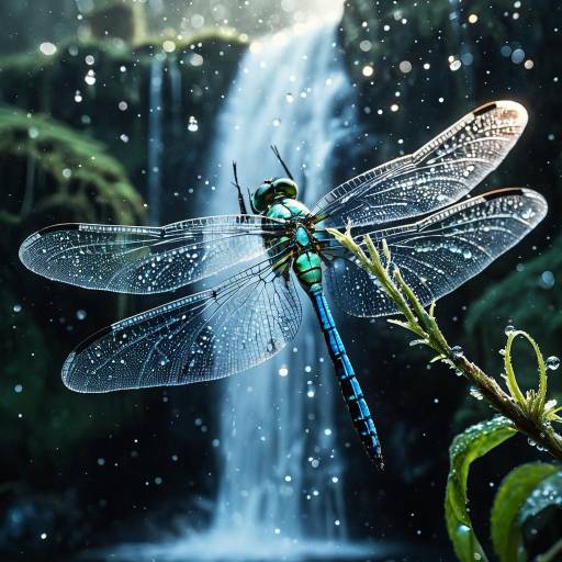 Dragonfly on Dewy Branch with Waterfall Background Dragonfly on Dewy Branch with Waterfall Background