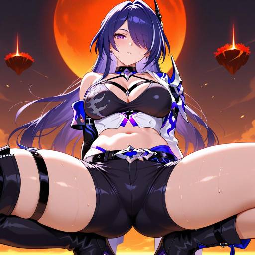 Anime Female Character with Purple Hair and Moon Background