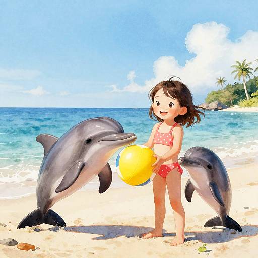 Digital artwork of a cute Asian girl in a pink polka dot bikini, holding a yellow beach ball, standing on a sunny beach with two dolphins,