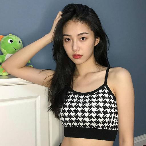 Asian Woman in Black Houndstooth Crop Top