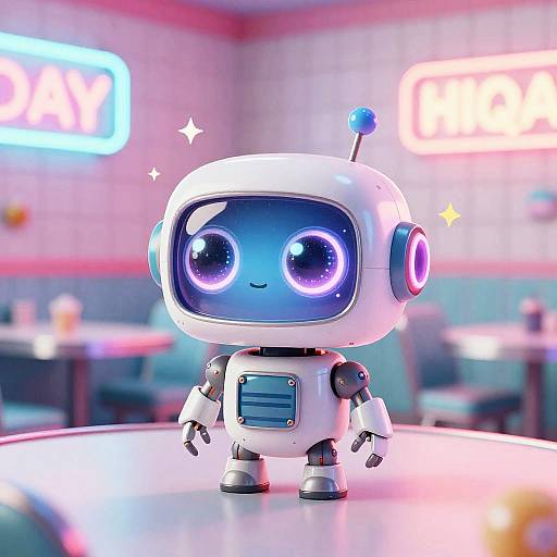 Cute, glowing, chibi-style robot with large blue eyes and white body stands on a neon-lit diner table. Bright 