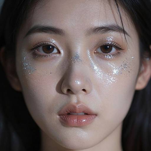 Close-up photograph of an East Asian woman with shiny, glittery skin, brown eyes, and slightly parted lips, set against a dark background.