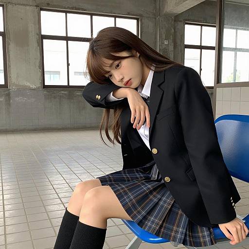 Japanese Schoolgirl in Blazer Sitting on Blue Chair