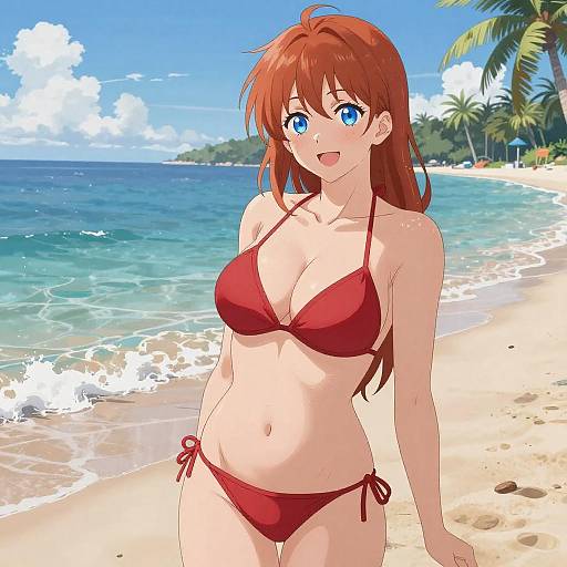 Anime Woman in Red Bikini on Beach