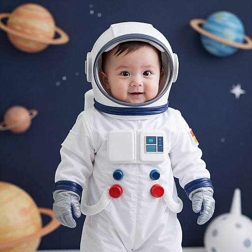 Photograph of a cute baby in a white astronaut suit with blue and red buttons, standing against a dark blue starry background with colorful planets.