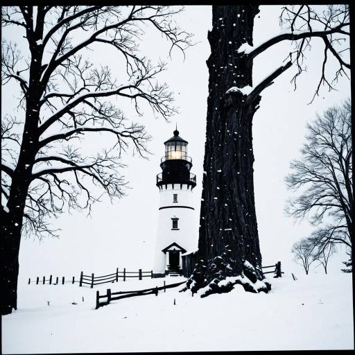 Snow-Covered Lighthouse with Bare Trees