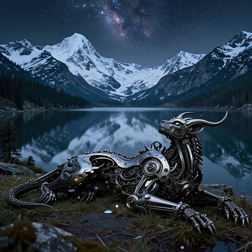 Digital artwork: Cybernetic dragon with glowing circuits lies on grassy shore, reflecting in serene mountain lake under starry, galaxy-filled night sky.