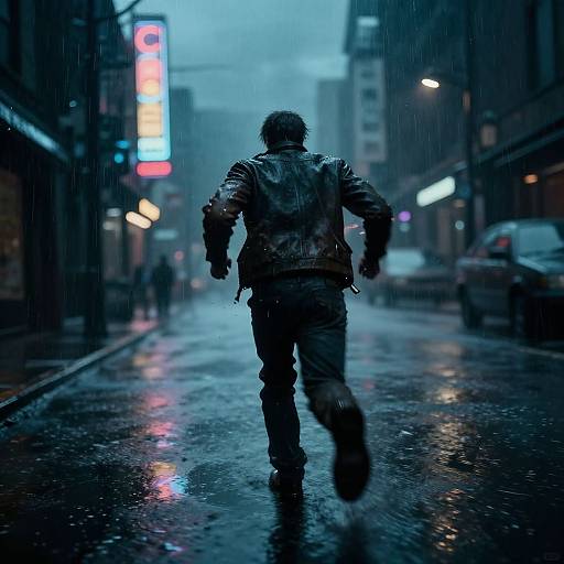 Photograph of a rainy urban street at dusk, silhouetted man in leather jacket, rain-soaked pavement, neon lights, and blurred background
