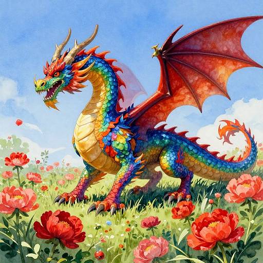 Vibrant digital drawing of a colorful dragon with red wings, multicolored scales, and floral patterns, standing in a field of red flowers under