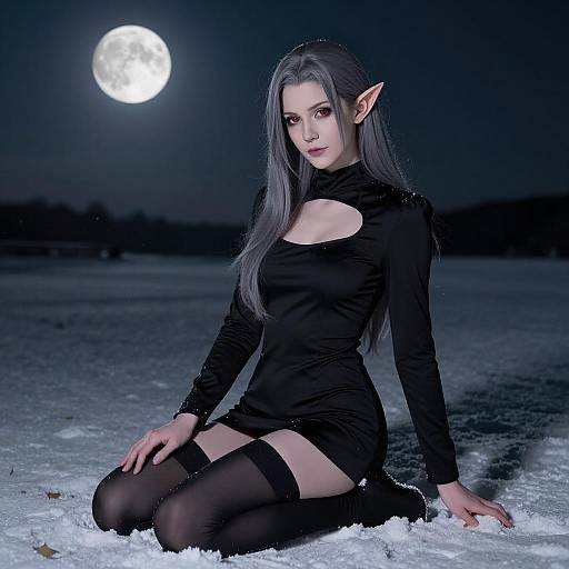 Photograph of a fair-skinned, silver-haired elf woman with pointed ears, wearing a black cut-out dress and thigh-high stockings, kneeling in snowy