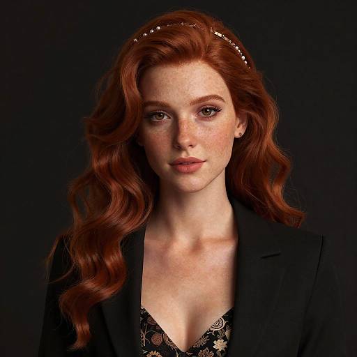 Photorealistic digital portrait of a freckled, red-haired woman with wavy hair, wearing a black blazer and lace top, against a