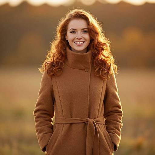 Photograph of a smiling red-haired woman with wavy hair, wearing a brown, belted coat, standing in a sunlit, autumnal field