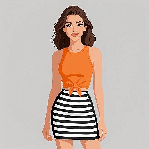 Digital illustration of a smiling woman with long brown hair, wearing an orange tied sleeveless top and black-and-white striped skirt.