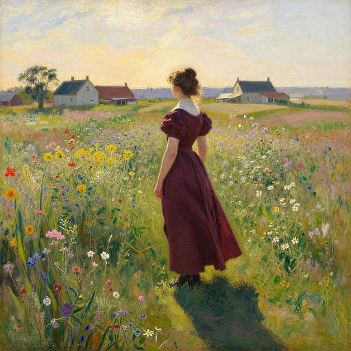 Digital painting of a young woman in a brown dress, standing in a vibrant, sunlit meadow with colorful wildflowers, facing rural white and red