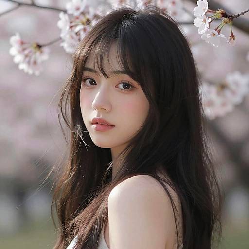 Photograph of an East Asian woman with long, straight black hair, fair skin, and soft pink lips, standing against a background of blooming cherry