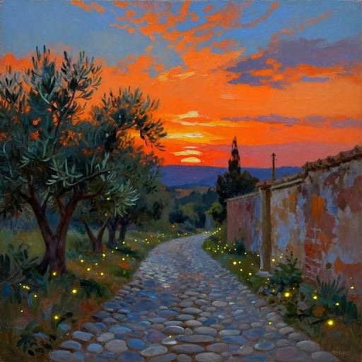 Cozy Pebble Path at Blood-Orange Sunset