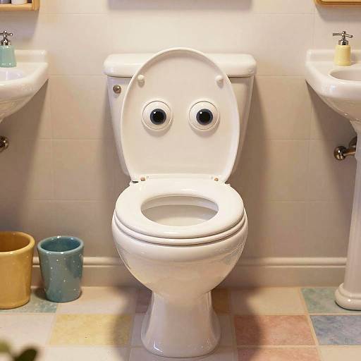 Toilet with Playful Eyes in Colorful Bathroom