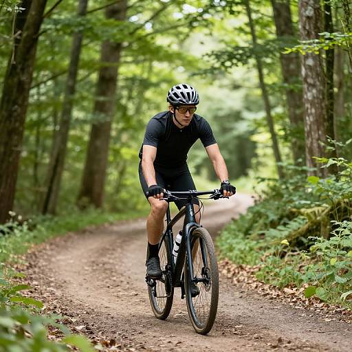 Photograph of a focused male cyclist in black outfit, helmet, and gloves, riding a black bike on a forest dirt path.