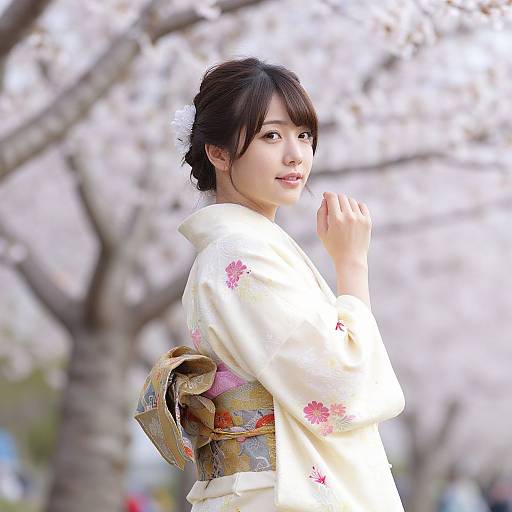 Photograph of a young Japanese woman with fair skin and black hair in a white floral kimono, standing outdoors with cherry blossom trees in the blurred background