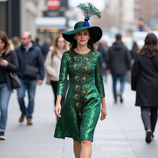 Photograph of a confident woman in a shimmering green peacock-patterned dress and wide-brimmed hat with feathers, walking in a bustling city