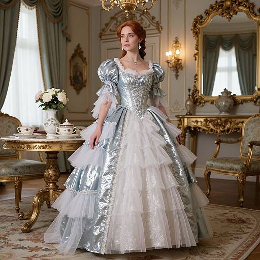Photograph of a red-haired woman in a silver and white, puffed-sleeve, multi-layered ball gown, standing in an ornate