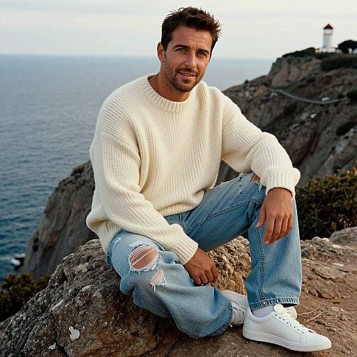 Casual Cliffside Style with Piercing Eyes