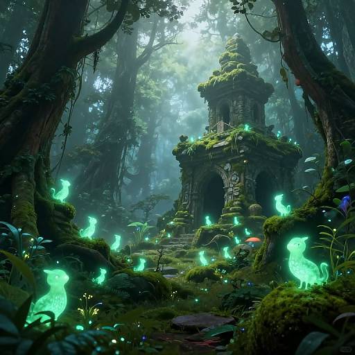 Mystical forest scene with glowing green fireflies surrounding an ancient, moss-covered stone ruin bathed in ethereal forest light. Digital art.