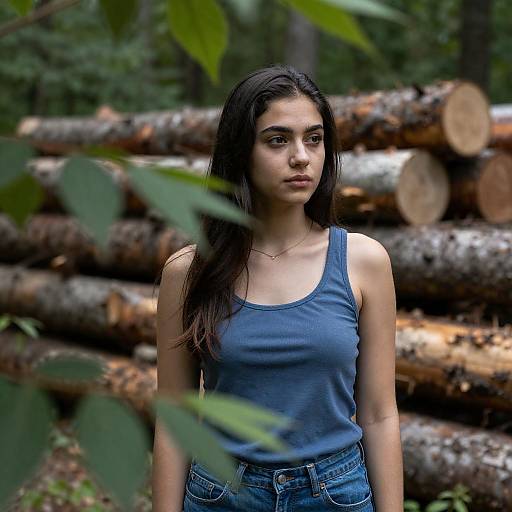 Young Woman in Forest with Stacked Logs