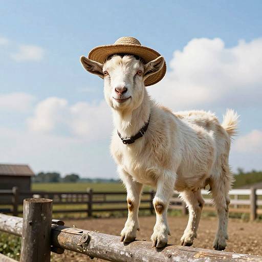Goat Wearing Hat on Farm Fence