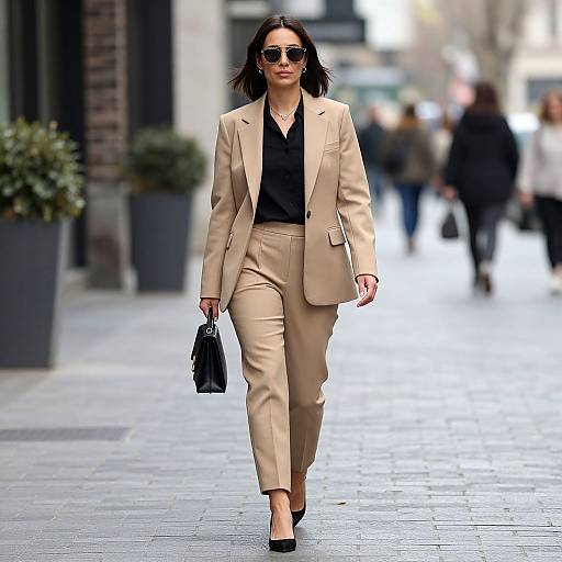 Photograph of a confident woman in a beige suit, black top, black heels, and sunglasses, walking on a city street.