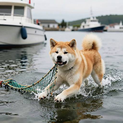 Ultra-Realistic Akita Inu Harbor Swim