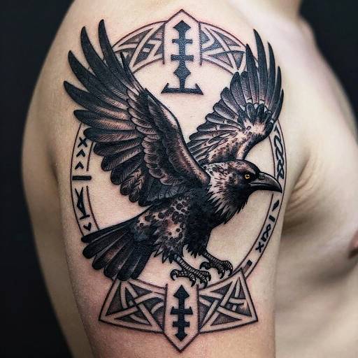 Tattoo of a detailed black raven with spread wings, surrounded by a geometric pentagram and runes, on a person's bare shoulder. Phot