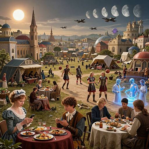 Fantastical medieval fair with illuminated ghostly figures, moon phases, flying jets, and dressed aristocrats dining under sunset in a grand, fairy-t