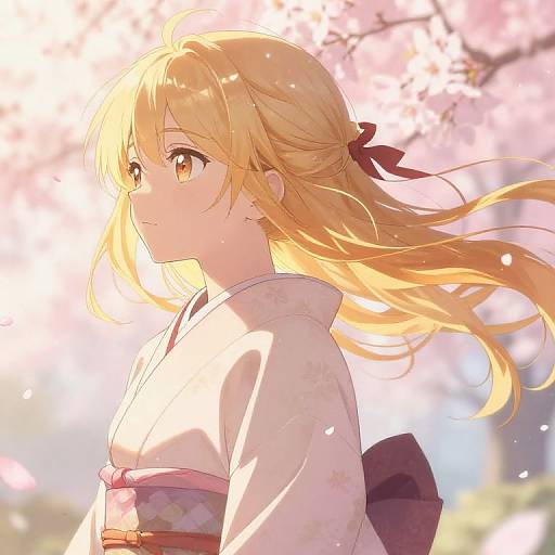 Digital anime-style drawing of a blonde girl with yellow eyes, wearing a white kimono with pink sash, standing under cherry blossoms. Sunlight