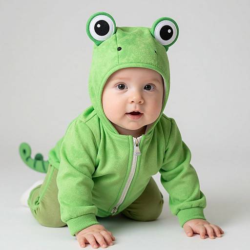 Photograph of a baby with fair skin, wearing a green frog-themed onesie with hood, large eyes, and tail, crawling on a white background