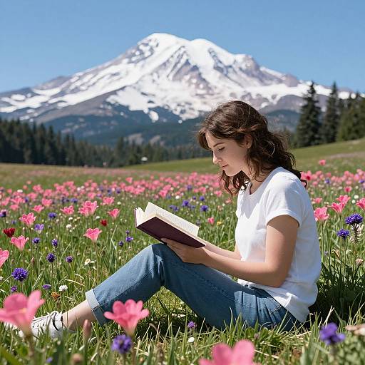Photograph of a young woman with brown hair, wearing a white shirt and blue jeans, reading in a vibrant meadow with pink and purple flowers,