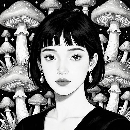 Black-and-white digital drawing of a woman with short black hair, earrings, and a black top, surrounded by large, detailed mushrooms.